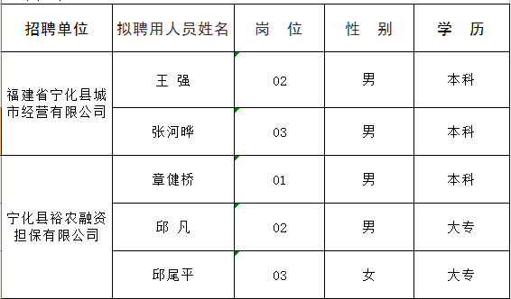 福建省宁化县城市经营有限公司 宁化县裕农融资担保有限公司2021年招聘国有企业合同制人员拟聘用人员公示